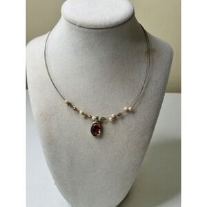 Elegant Oval Gemstone Pendant Necklace with Beaded Cord‎ Strand Y2K Retro